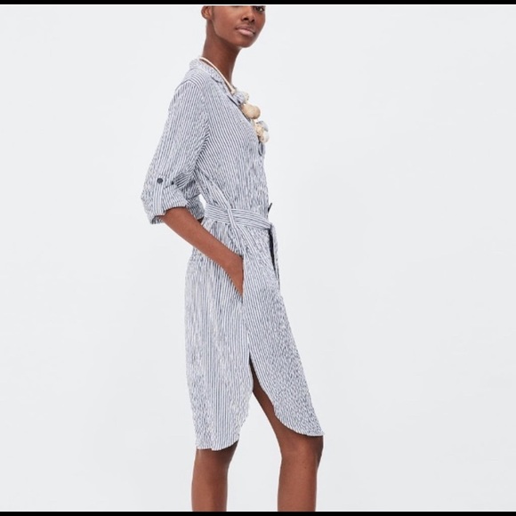 Blue and White Striped Seersucker Shirt Dress - Picture 2 of 5